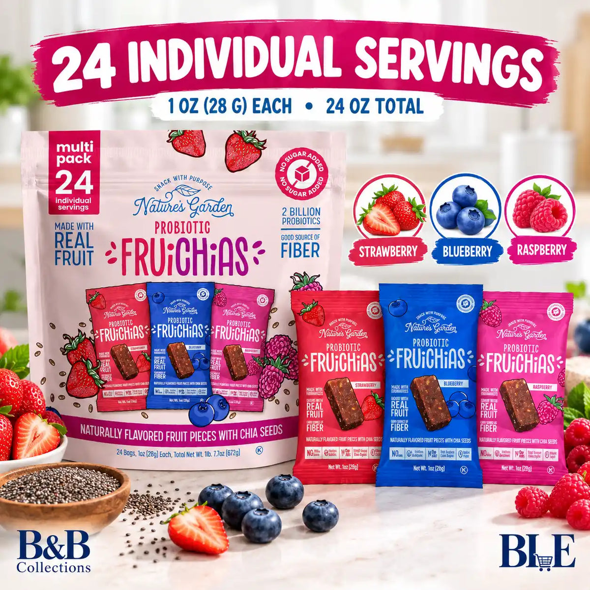 Nature’s Garden Probiotic FruiChias Fruit & Chia Snacks, Strawberry, Blueberry & Raspberry, No Sugar Added, 1 oz Bags, 24 Count, 24 oz Total