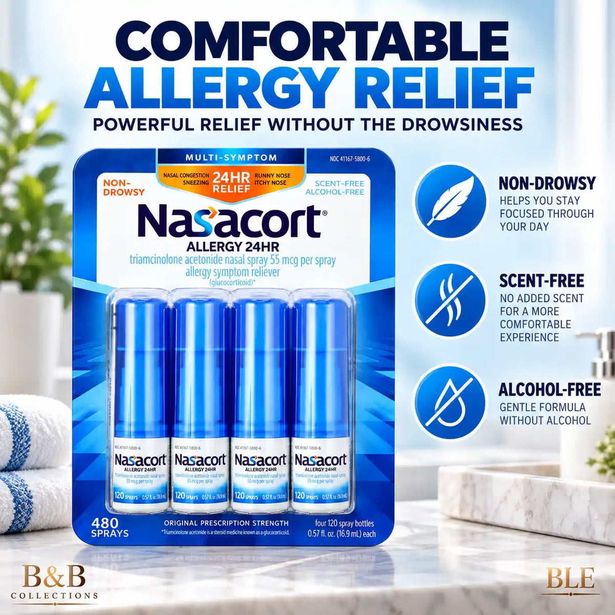 Nasacort Allergy 24HR Multi-Symptom Nasal Spray, 55 mcg, Non-Drowsy, Scent-Free & Alcohol-Free, 120 Sprays per Bottle, 480 Total Sprays, 4 Pack