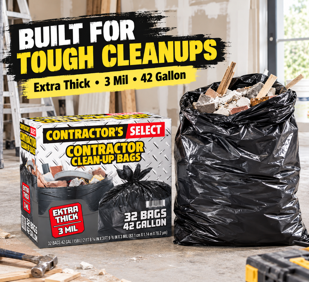 Contractor's Select Extra Thick Contractor Clean-Up Bags, 42 Gallon, 3 Mil Heavy-Duty Black Trash Bags, 32 Count