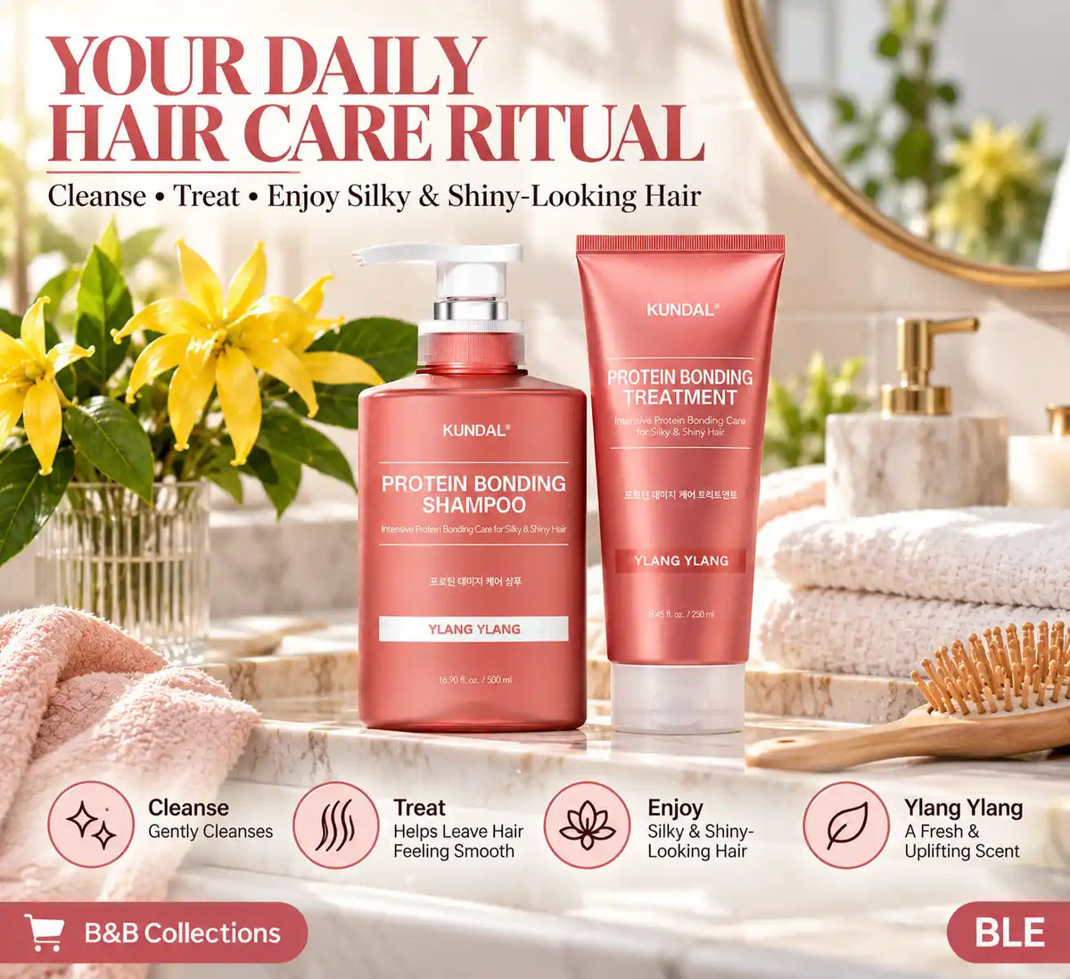 KUNDAL Protein Bonding Shampoo & Treatment Set, Ylang Ylang Scent, Intensive Hair Care for Silky & Shiny Hair, 500 ml Shampoo + 250 ml Treatment, 2-Piece Set