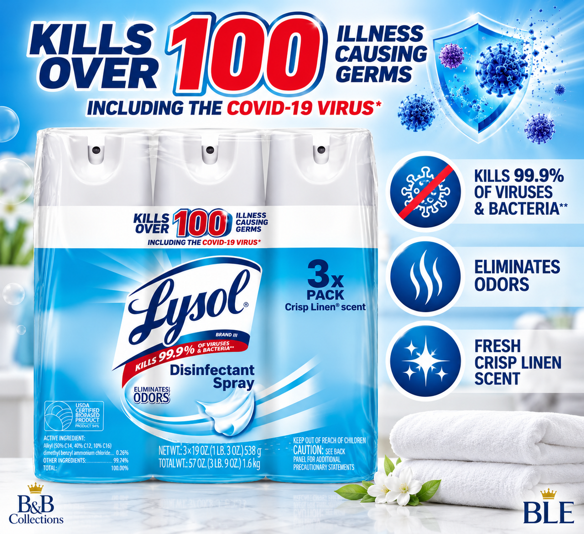 Lysol Disinfectant Spray, Crisp Linen Scent, 19 oz Cans, Kills 99.9% of Viruses & Bacteria, Odor Eliminator, Multi-Surface Disinfecting Spray, 3 Pack