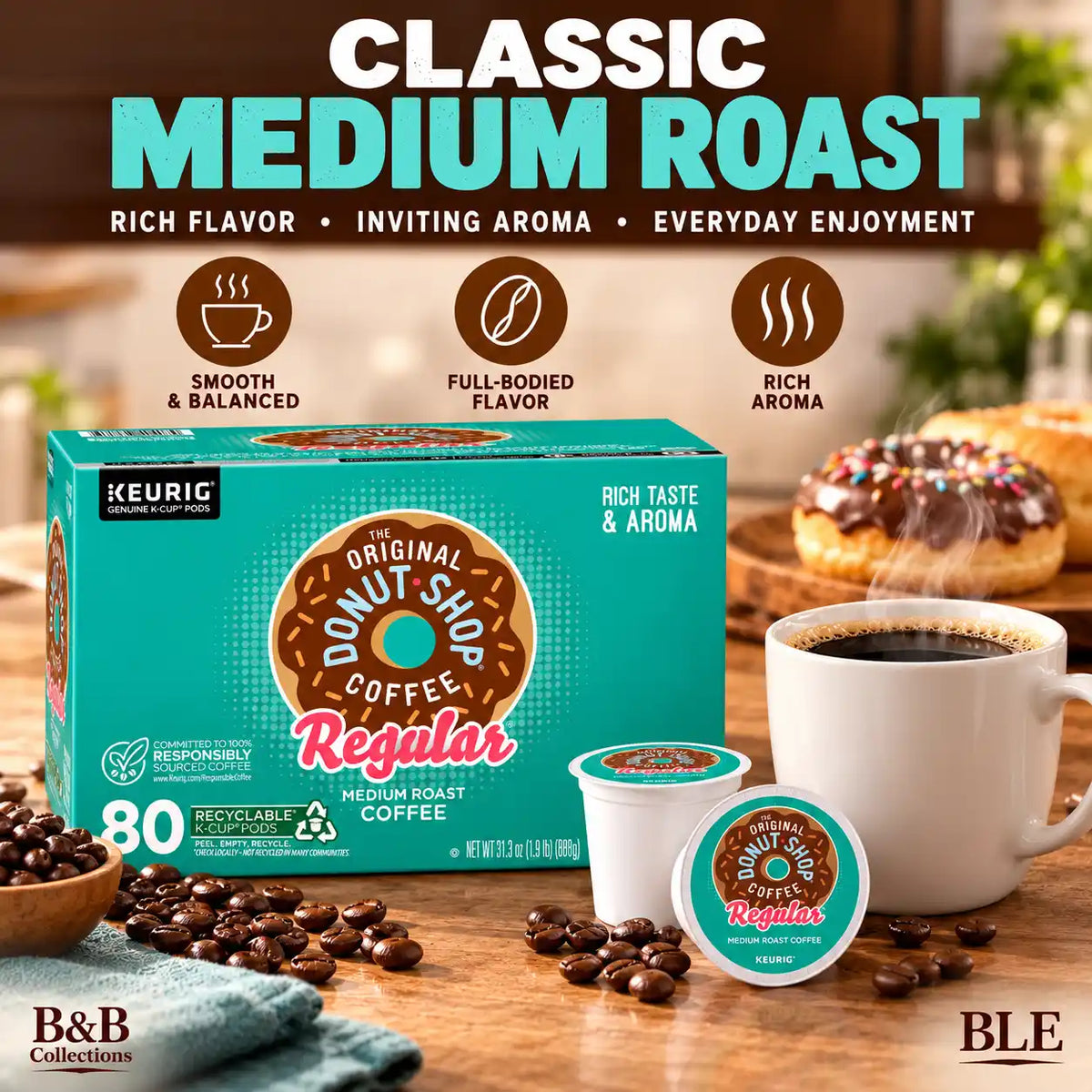 The Original Donut Shop Regular Medium Roast Coffee, Keurig Genuine K-Cup Pods, Rich Taste & Aroma, Recyclable Coffee Pods, 80 Count