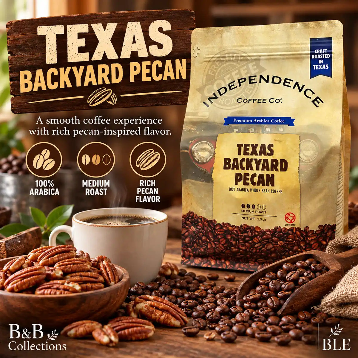 Independence Coffee Co. Texas Backyard Pecan Medium Roast Whole Bean Coffee, 100% Arabica, Craft Roasted in Texas, 2.5 lb (40 oz)