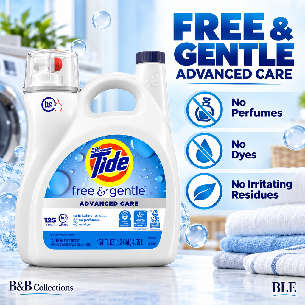 Tide Free & Gentle Advanced Care Liquid Laundry Detergent, HE Compatible, No Perfumes or Dyes, 125 Loads, 154 fl oz