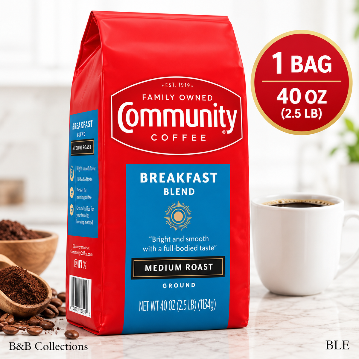 Community Coffee Breakfast Blend Medium Roast Ground Coffee, 40 oz (2.5 lb), Bright & Smooth, Full-Bodied Flavor