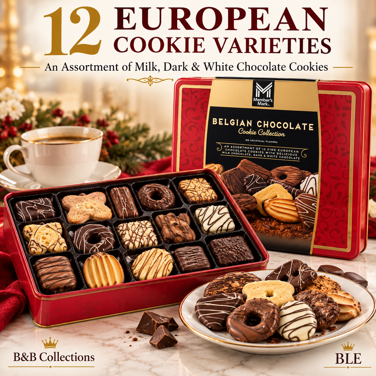 Member’s Mark Belgian Chocolate Cookie Collection, 12 European Cookie Varieties, Milk, Dark & White Chocolate, 35.2 oz Gift Tin