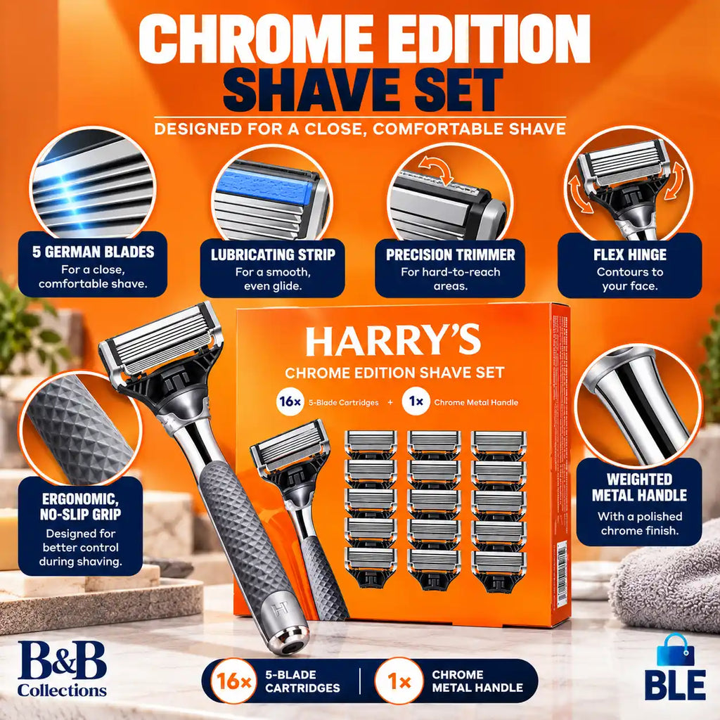 Harry’s Chrome Edition Shave Set, Chrome Metal Razor Handle + 16 Five-Blade Cartridges, 17-Piece Men’s Shaving Set