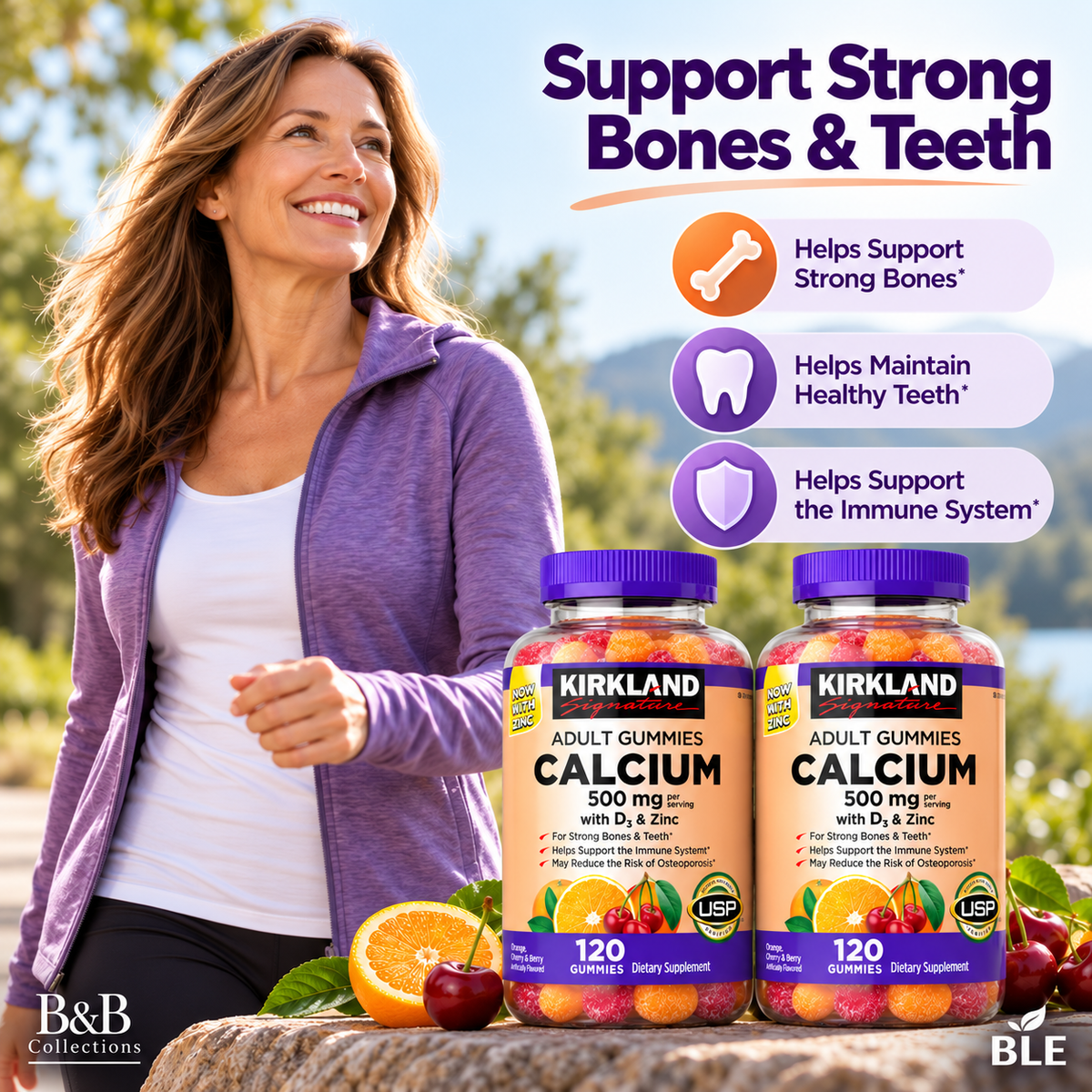 Kirkland Signature Calcium 500 mg with Vitamin D3 & Zinc, Adult Gummies, Bone & Teeth Support, 120 Gummies per Bottle, 2-Pack (240 Count)