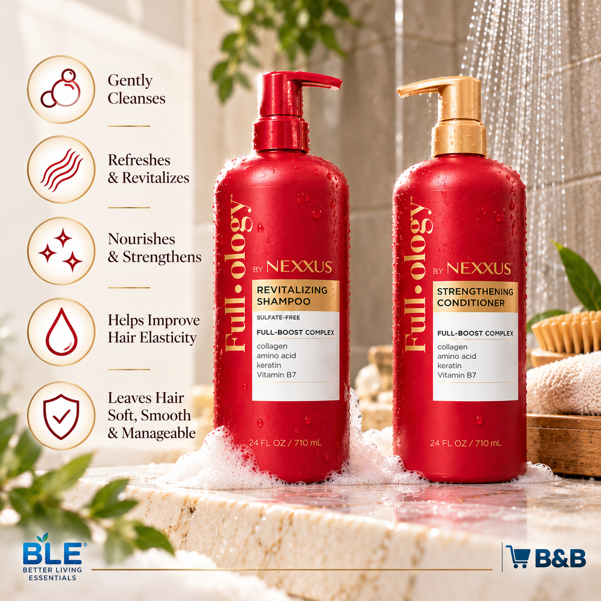 Full-ology by Nexxus Shampoo and Conditioner Set, Revitalizing & Strengthening with Collagen, Amino Acid, Keratin & Vitamin B7, 24 fl oz Each, 2-Pack