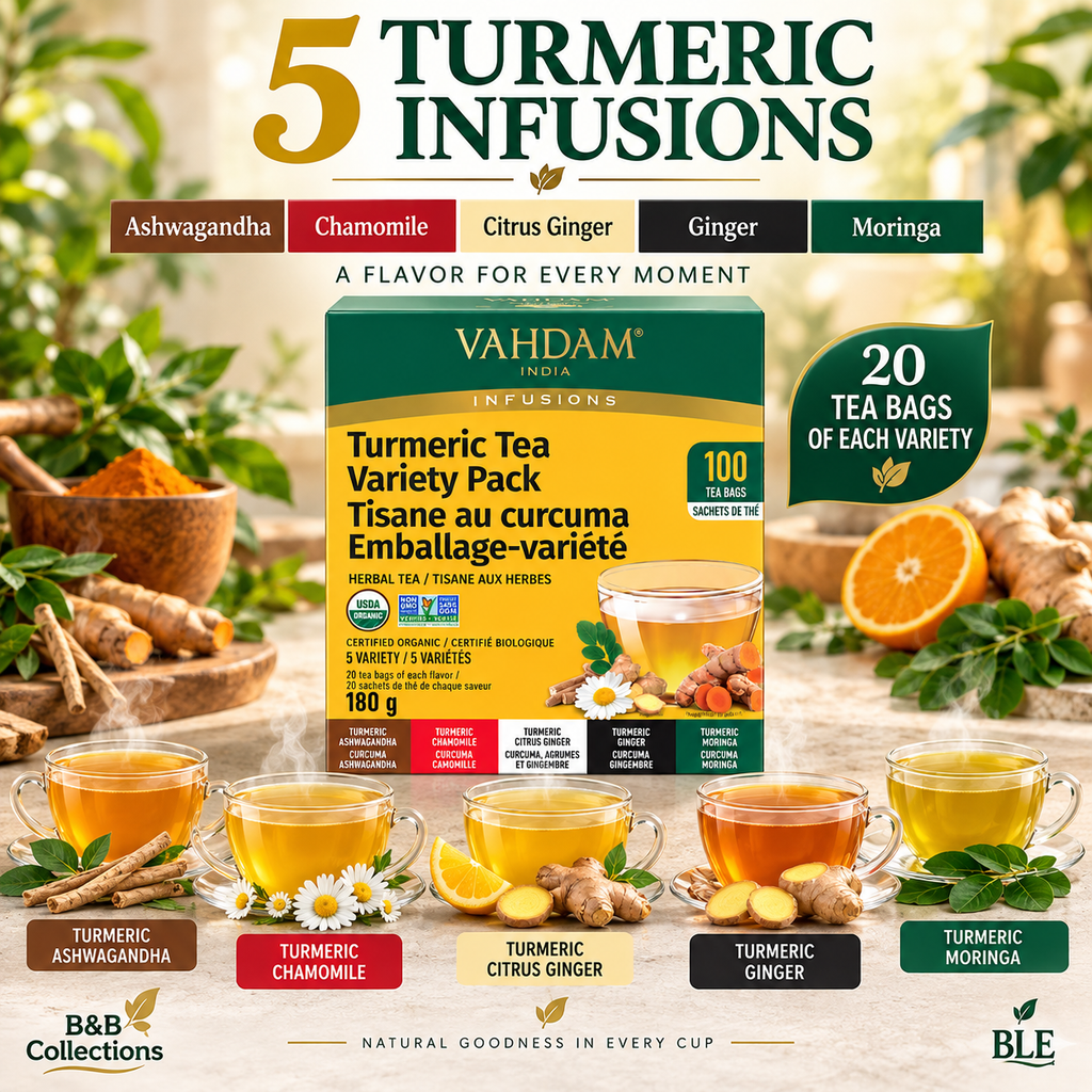 VAHDAM India Infusions Organic Turmeric Herbal Tea Variety Pack, Caffeine Free, 100 Tea Bags, 5 Varieties, 6.35 oz