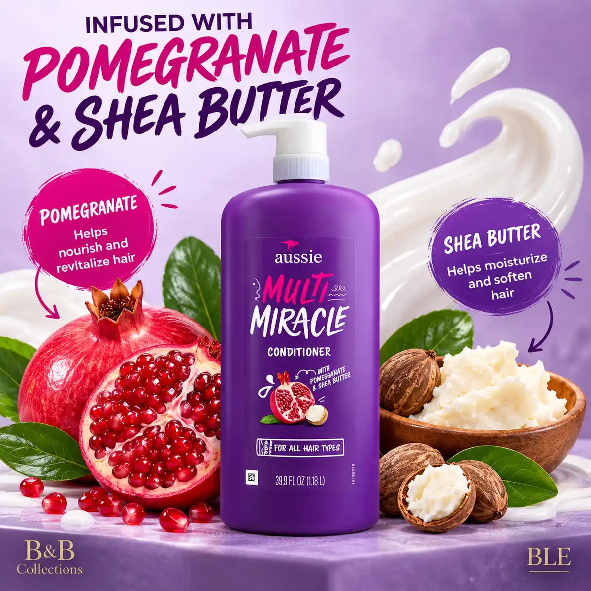 Aussie Multi Miracle Conditioner with Pomegranate & Shea Butter, for All Hair Types, 39.9 fl oz (1.18 L), Pump Bottle