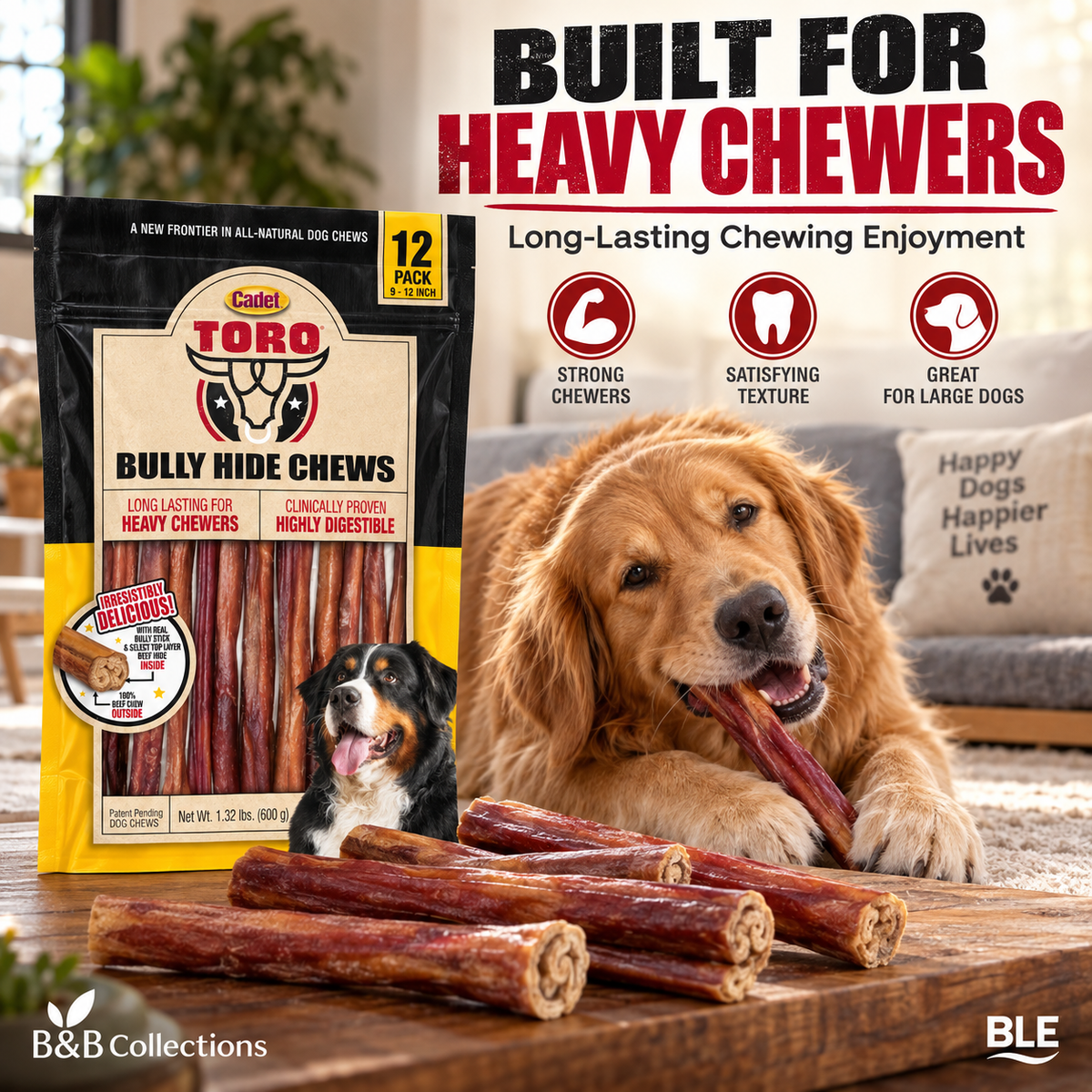 Cadet Toro Bully Hide Chews for Dogs, 9–12 Inch, Long Lasting Beef Hide Chews, 12 Pack, 1.32 lb