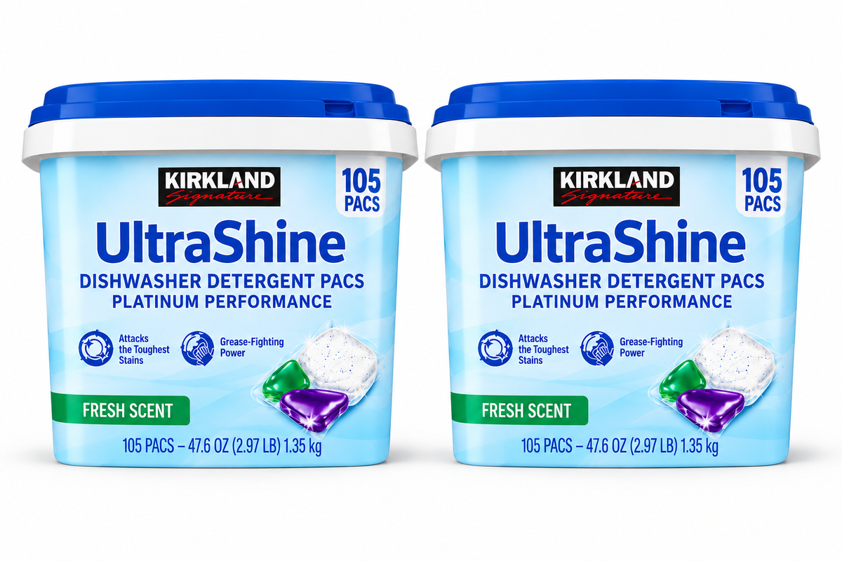 Kirkland Signature UltraShine Dishwasher Detergent Pacs, Platinum Performance, Fresh Scent, 105 Pacs per Pack