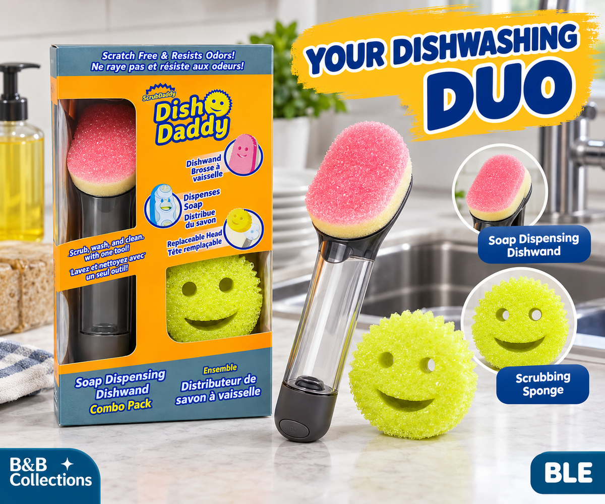 Dish Daddy Soap Dispensing Dishwand Combo Pack, Scratch-Free Scrubbing, Built-In Soap Dispenser, Reusable Dish Cleaning Brush & Scrubber Set