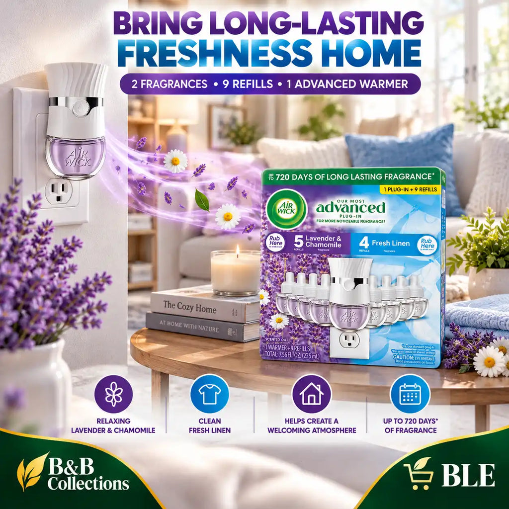 Air Wick Advanced Plug-In Scented Oil Air Freshener Starter Kit, Lavender & Chamomile and Fresh Linen, 1 Warmer + 9 Refills, Up to 720 Days of Fragrance, 7.56 fl oz