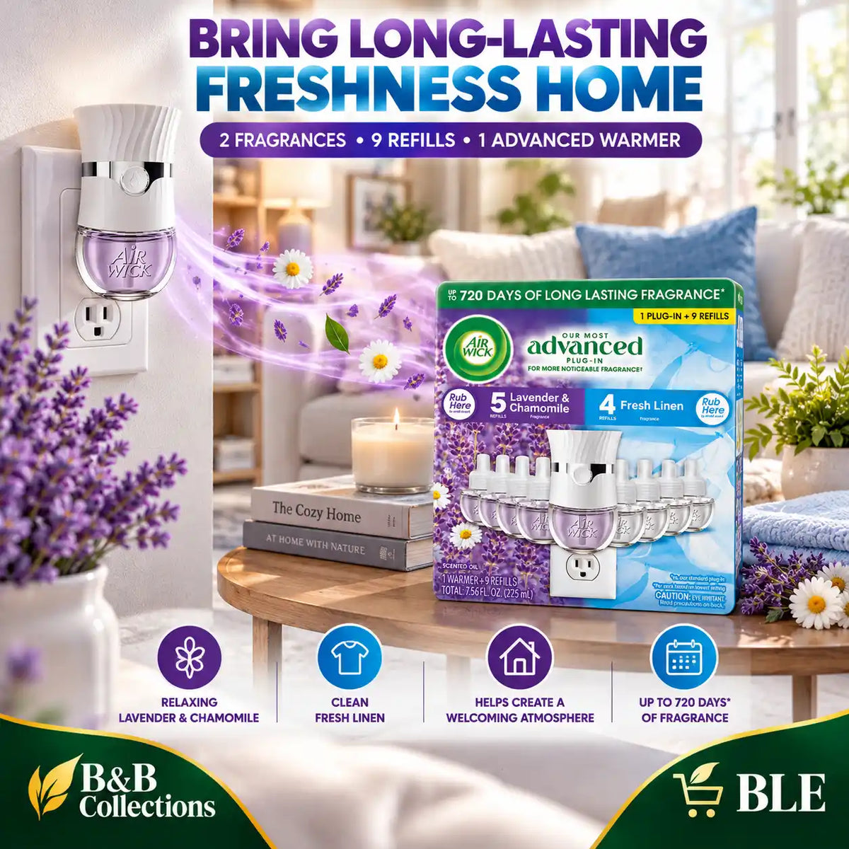 Air Wick Advanced Plug-In Scented Oil Air Freshener Starter Kit, Lavender & Chamomile and Fresh Linen, 1 Warmer + 9 Refills, Up to 720 Days of Fragrance, 7.56 fl oz