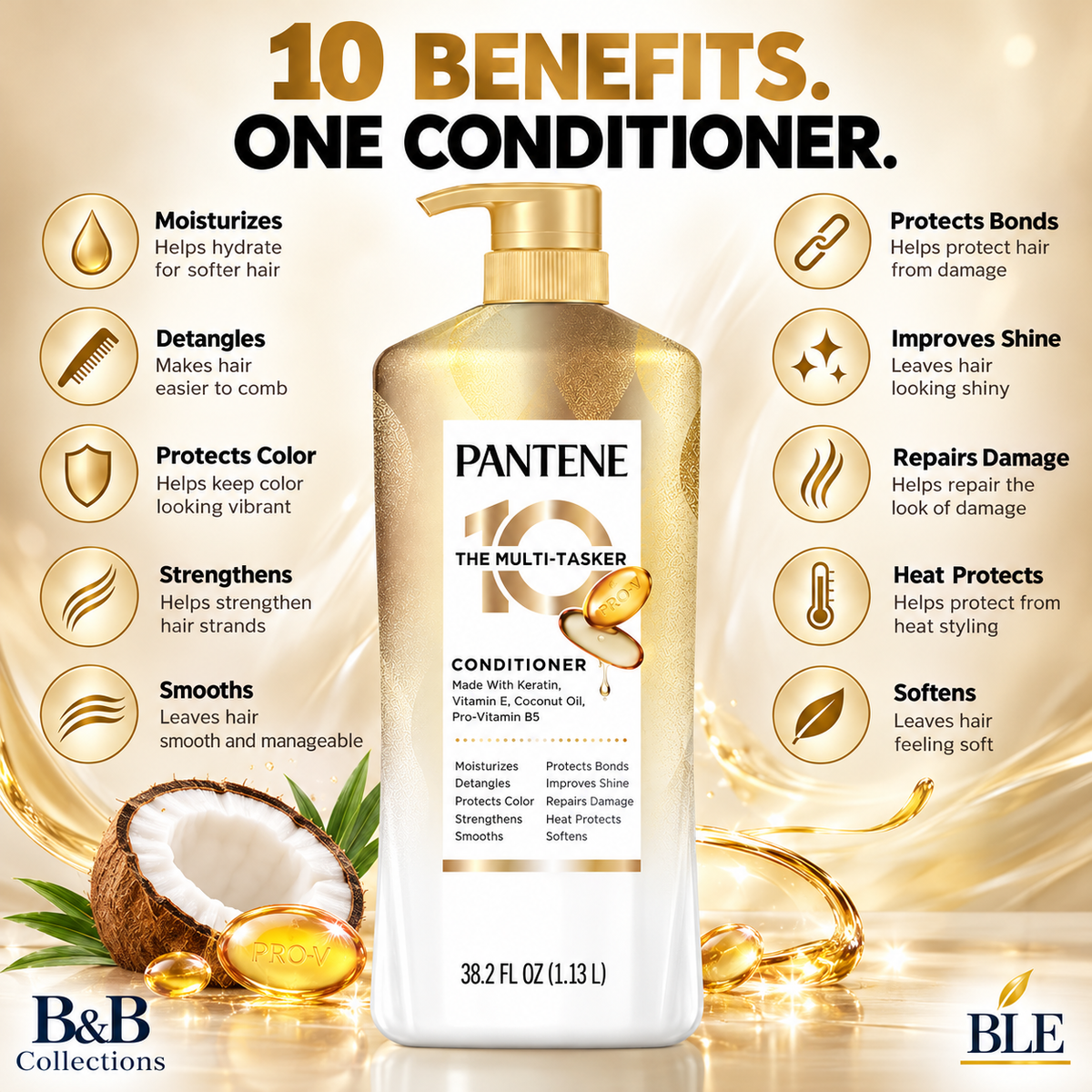 Pantene Pro-V 10 in 1 Multi-Tasker Conditioner, Keratin, Vitamin E & Coconut Oil, Moisturizing & Strengthening Hair Care, 38.2 fl oz