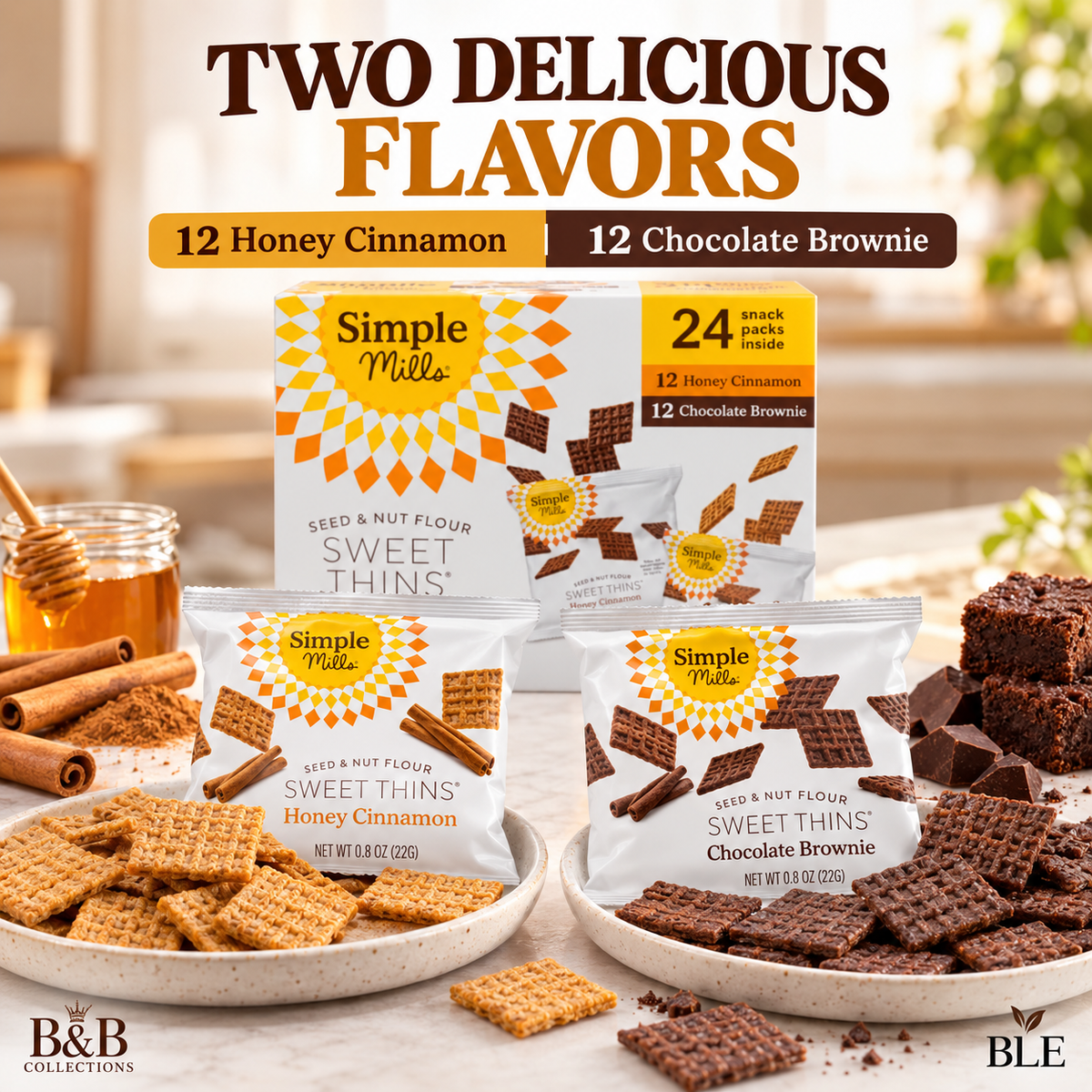 Simple Mills Seed & Nut Flour Sweet Thins Variety Pack, Honey Cinnamon & Chocolate Brownie, Gluten-Free Sweet Snack Crackers, 24 Individual Packs, 19.2 oz