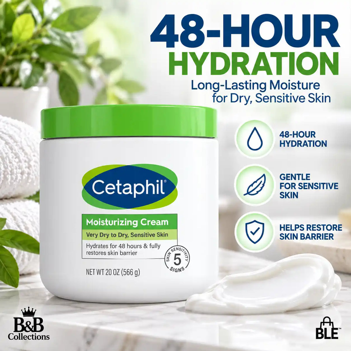 Cetaphil Moisturizing Cream for Very Dry to Dry Sensitive Skin, 48-Hour Hydration & Skin Barrier Support, 20 oz (566 g)