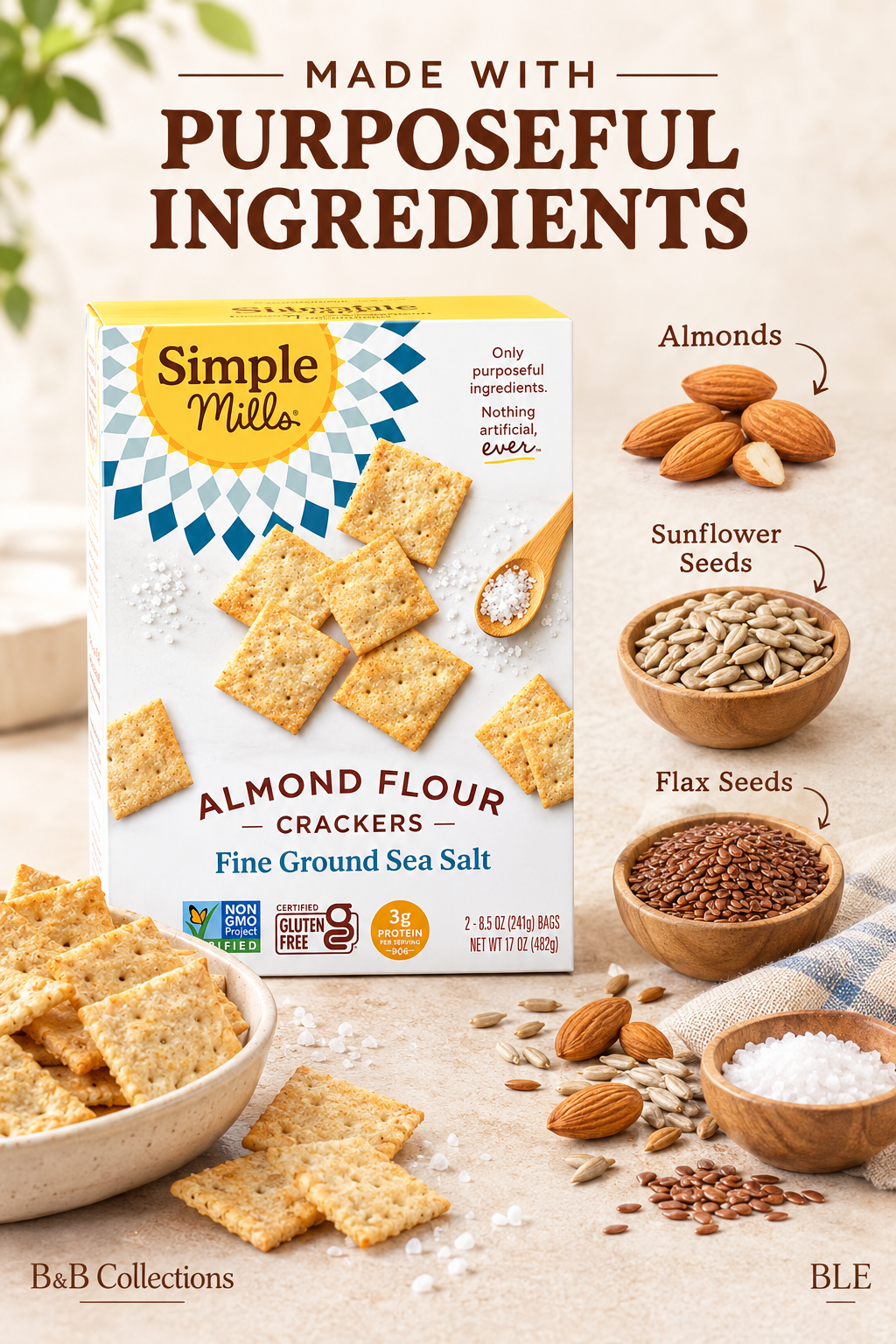 Simple Mills Almond Flour Crackers, Fine Ground Sea Salt, Gluten-Free, Grain-Free, Non-GMO, Vegan, Paleo-Friendly, 3g Protein, 2 Bags (8.5 oz Each)
