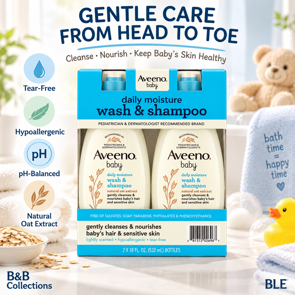 Aveeno Baby Daily Moisture Wash & Shampoo with Natural Oat Extract, Tear-Free & Hypoallergenic, 18 fl. oz. Each, 2-Pack