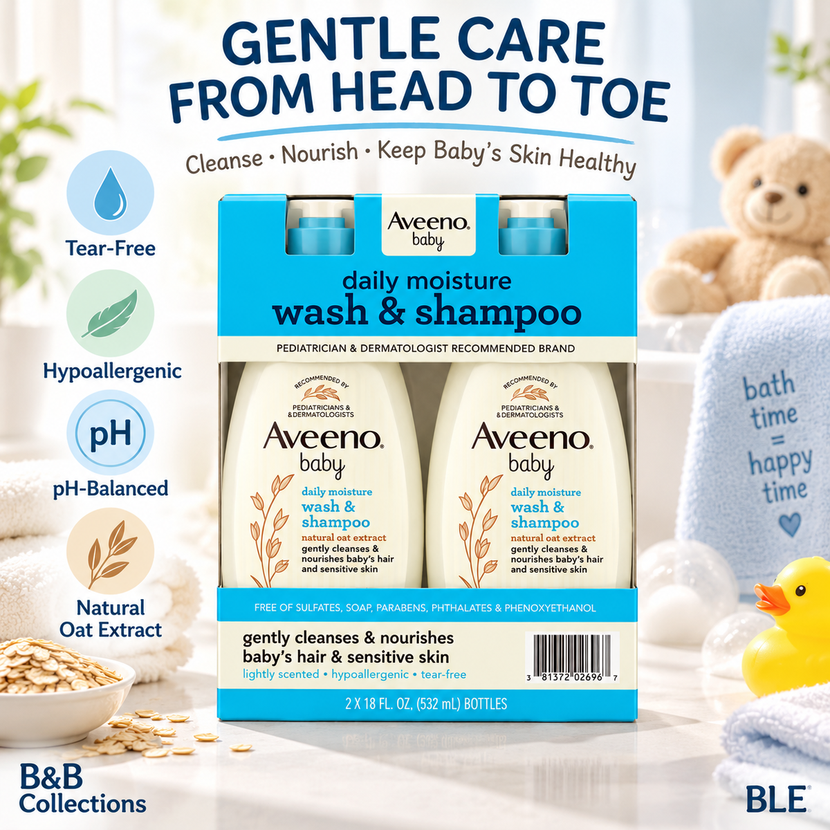 Aveeno Baby Daily Moisture Wash & Shampoo with Natural Oat Extract, Tear-Free & Hypoallergenic, 18 fl. oz. Each, 2-Pack