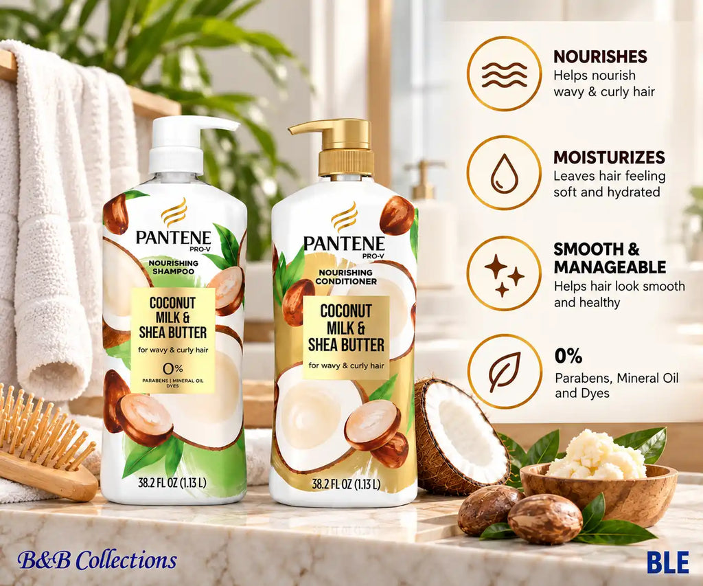 Pantene Pro-V Nourishing Coconut Milk & Shea Butter Shampoo & Conditioner Set, for Wavy & Curly Hair, 38.2 fl oz Each, 2 Pack