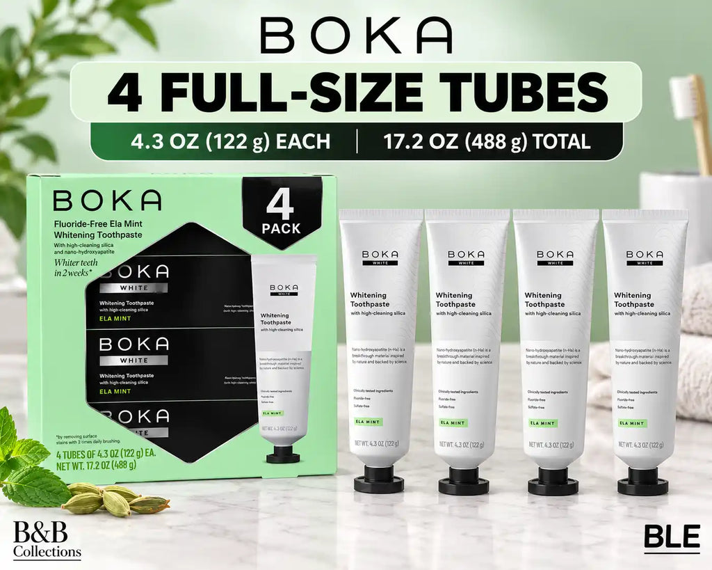 Boka Fluoride-Free Ela Mint Whitening Toothpaste with Nano-Hydroxyapatite & High-Cleaning Silica, 4.3 oz Tubes, 4 Pack, 17.2 oz Total