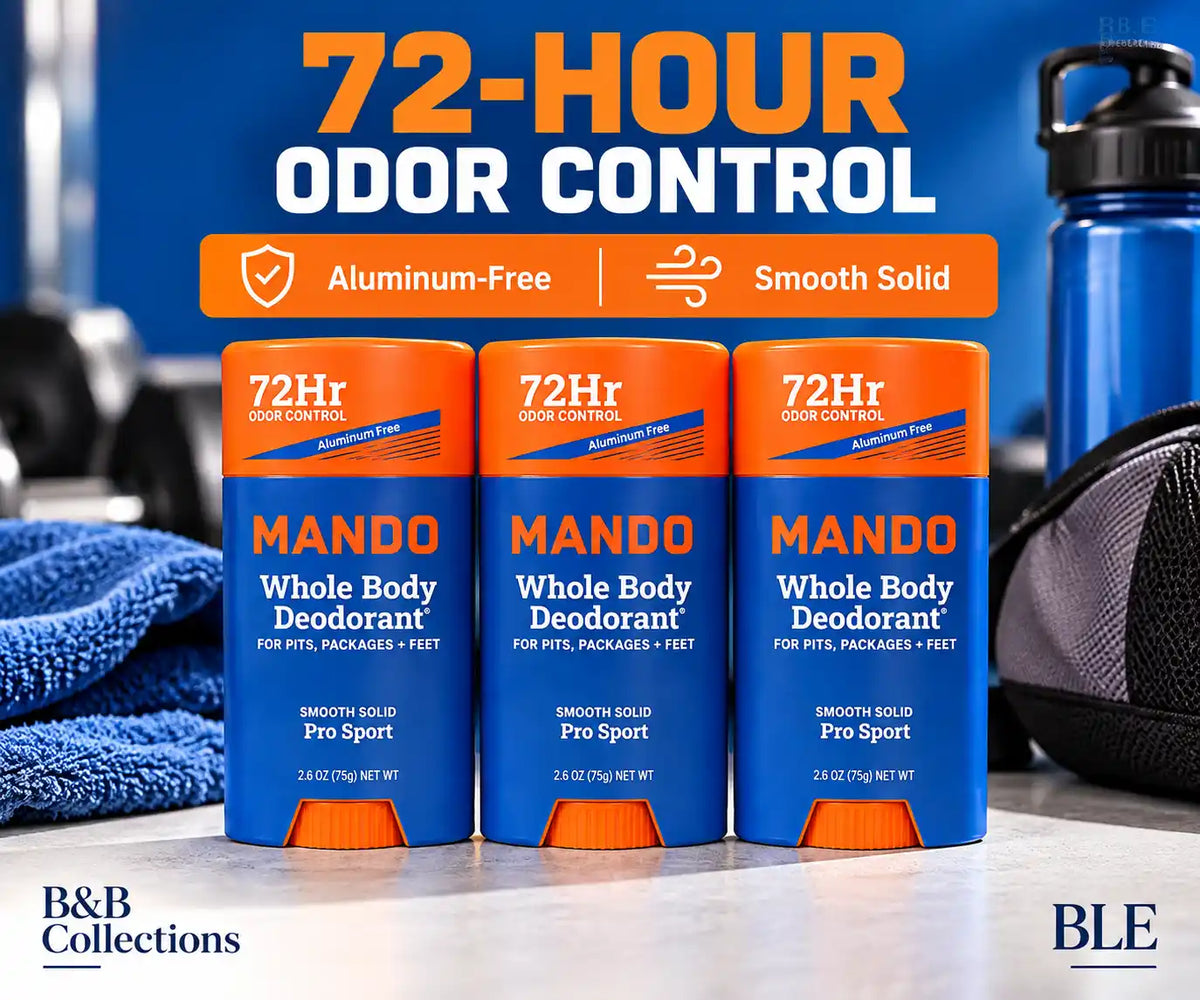 Mando Whole Body Deodorant for Men, Pro Sport Scent, 72-Hour Odor Control, Aluminum-Free Smooth Solid, 2.6 oz Each, 3 Pack, 7.8 oz Total