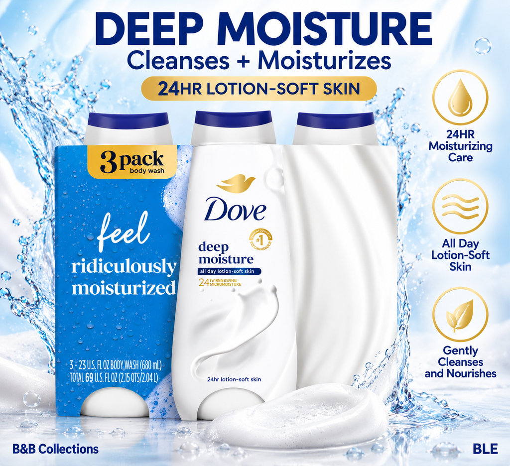 Dove Deep Moisture Body Wash, 24Hr Lotion-Soft Skin, 23 fl oz Each, 3 Pack, 69 fl oz Total