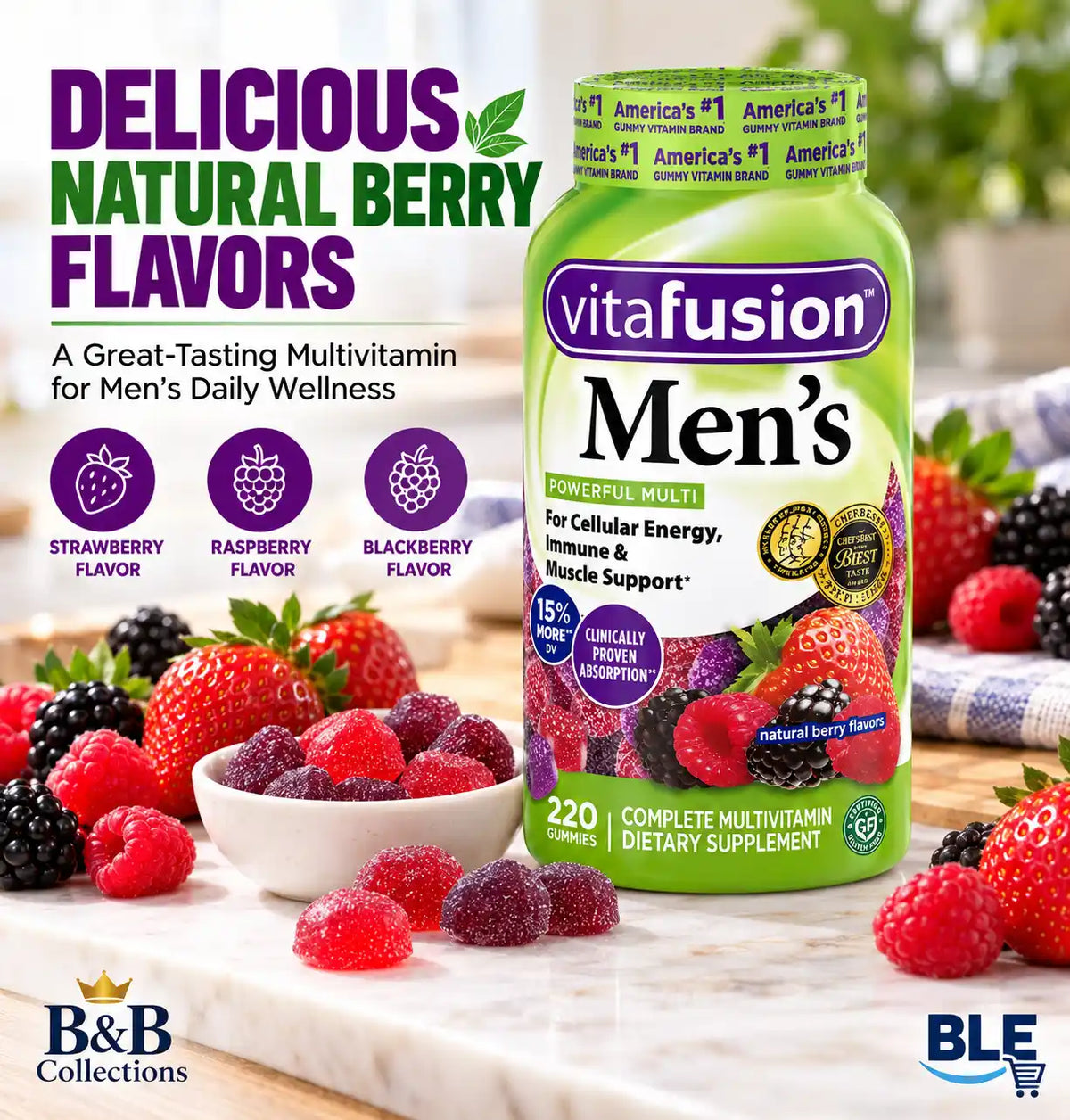 vitafusion Men's Complete Multivitamin Gummies, Natural Berry Flavors, Cellular Energy, Immune & Muscle Support, 220 Count