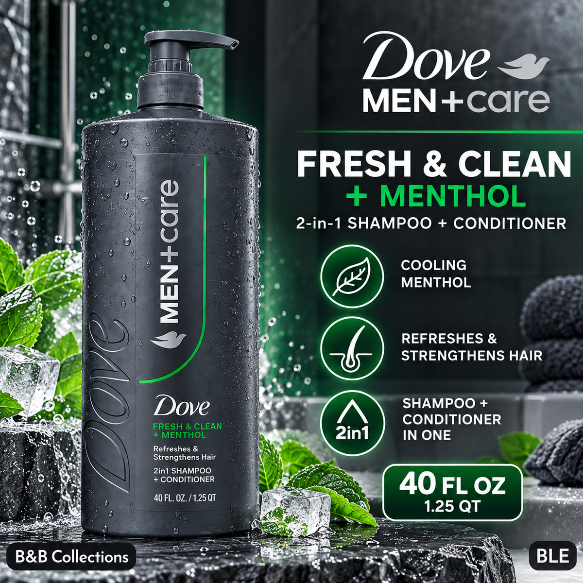 Dove Men+Care Fresh & Clean + Menthol 2-in-1 Shampoo + Conditioner, Refreshes & Strengthens Hair, 40 fl oz