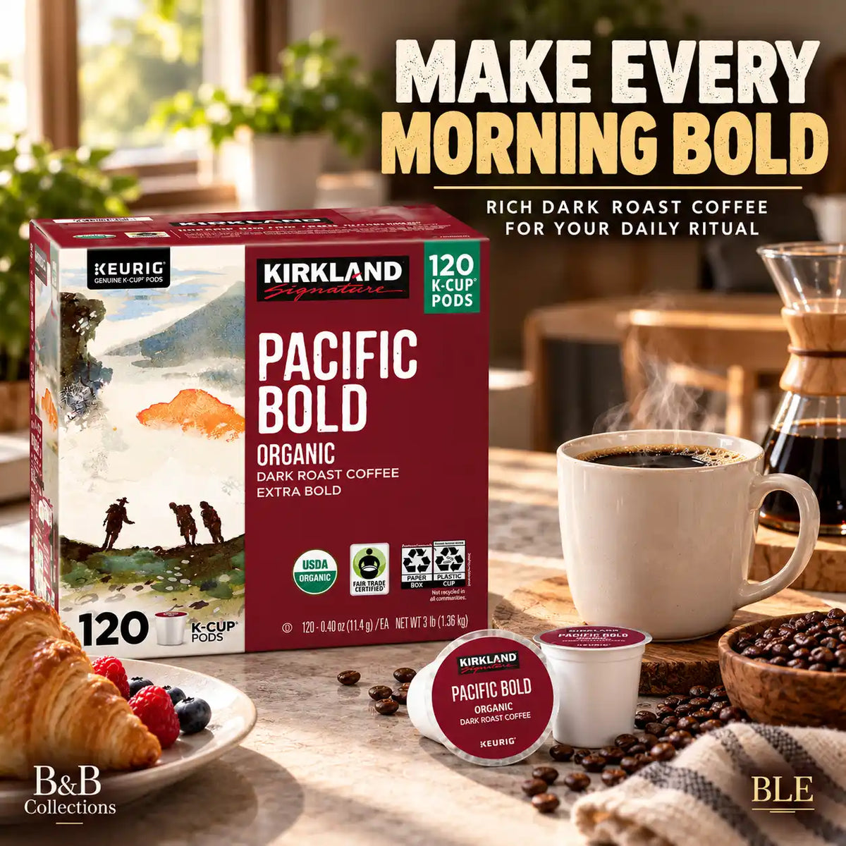 Kirkland Signature Pacific Bold Organic Dark Roast Coffee, Extra Bold, Fair Trade Certified, Keurig K-Cup Pods, 120 Count