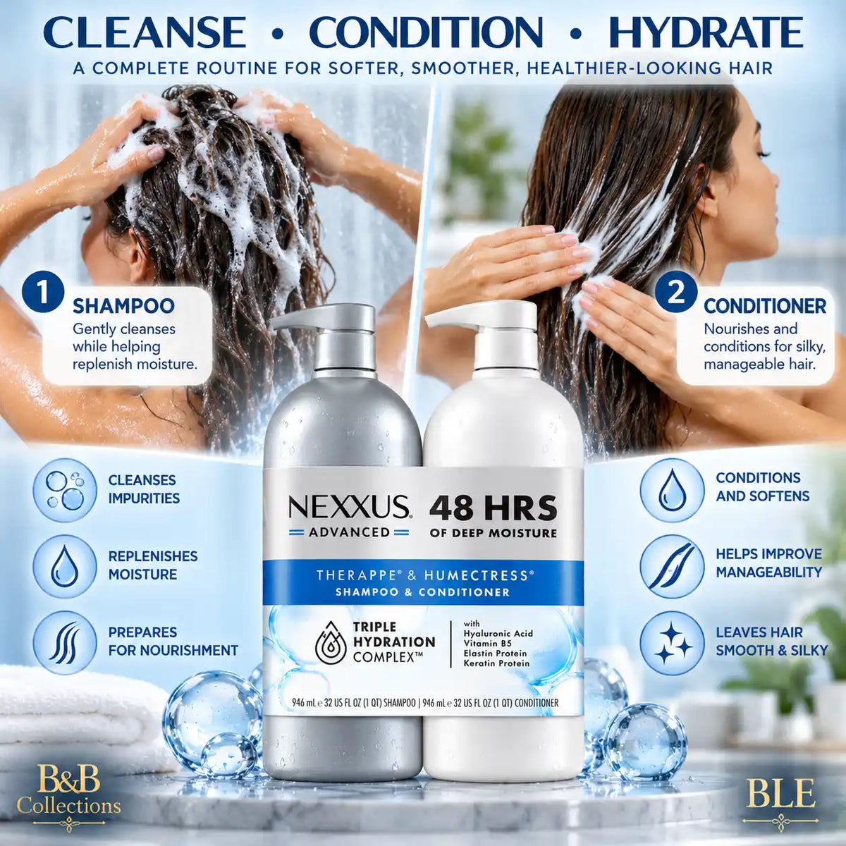 Nexxus Advanced Therappe & Humectress Shampoo and Conditioner Set, Triple Hydration Complex with Hyaluronic Acid, Vitamin B5, Elastin & Keratin Protein, 48-Hour Deep Moisture, 32 fl oz Each, 2-Pack