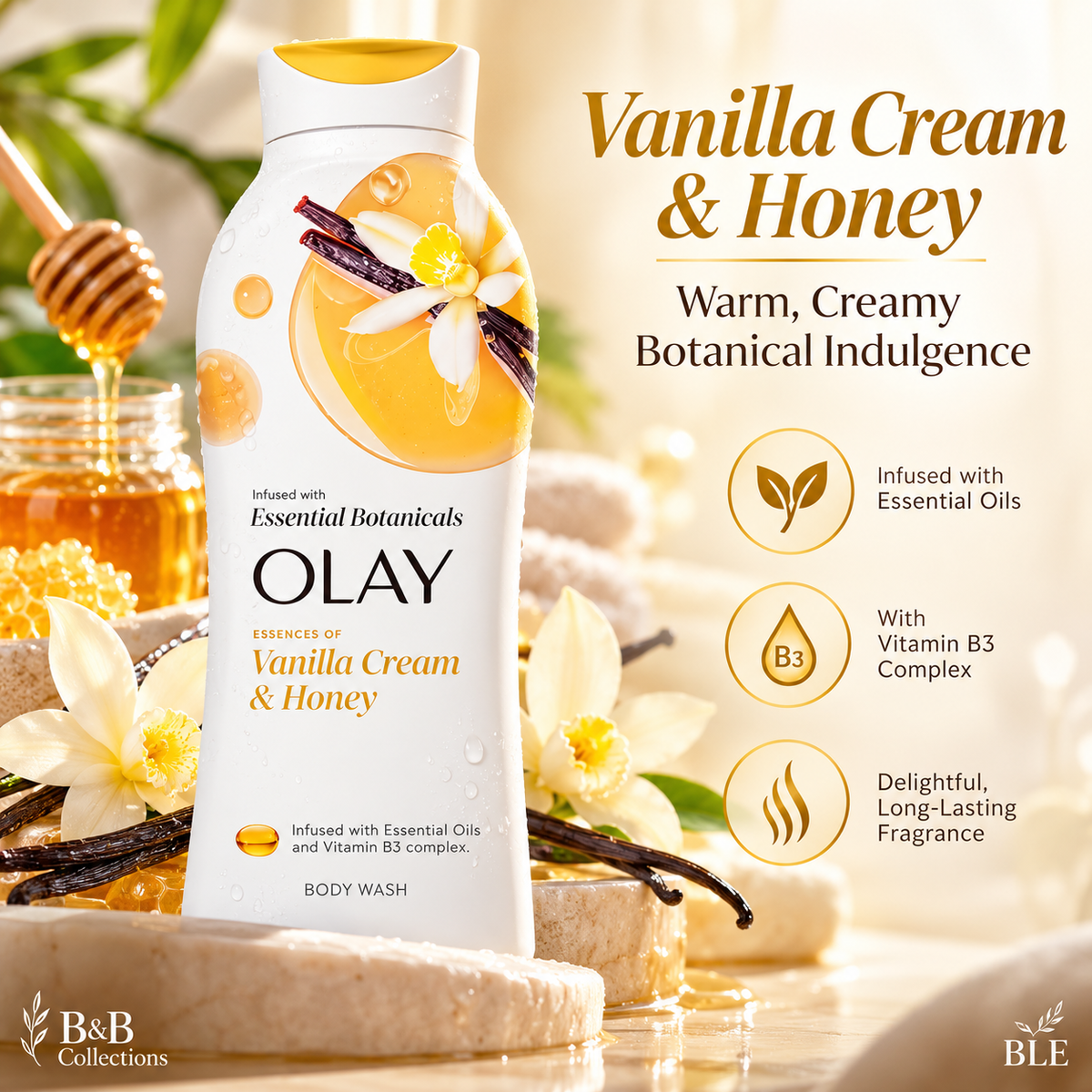Olay Essential Botanicals Body Wash Variety Pack, Vanilla Cream & Honey, Passionflower & Lychee, White Tea & Bergamot, Essential Oil Infused, 23.6 fl oz Each, 3-Pack