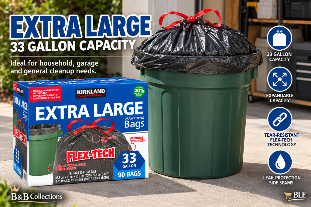 Kirkland Signature Flex-Tech Extra Large Drawstring Trash Bags, 33 Gallon, 90 Count