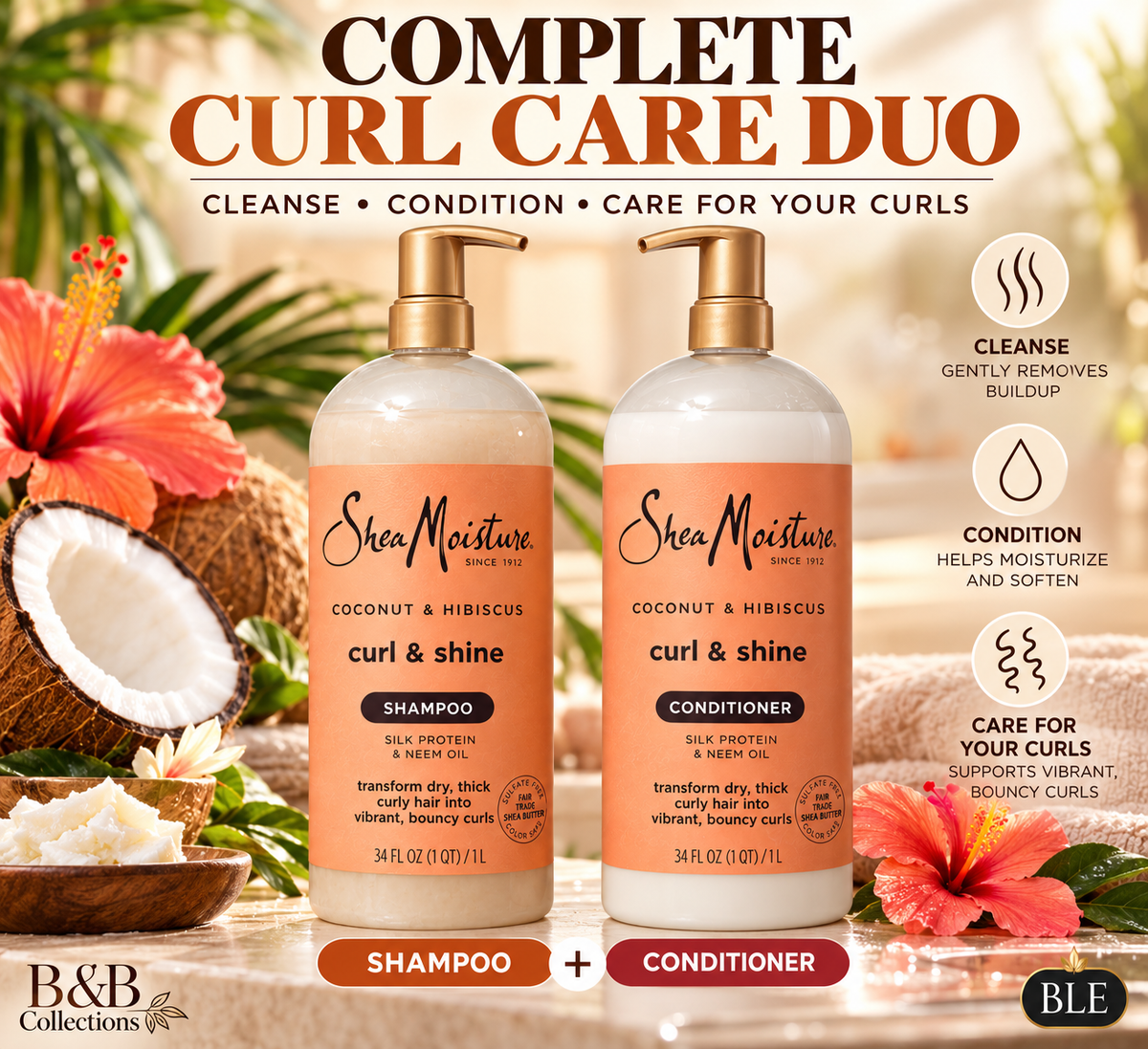 SheaMoisture Coconut & Hibiscus Curl & Shine Shampoo & Conditioner Set, Silk Protein & Neem Oil, 34 fl oz Each, 2 Count, 68 fl oz Total