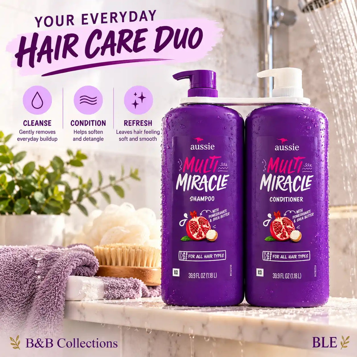 Aussie Multi Miracle Shampoo & Conditioner Set, 39.9 fl oz Each, with Pomegranate & Shea Butter, for All Hair Types (2-Pack)
