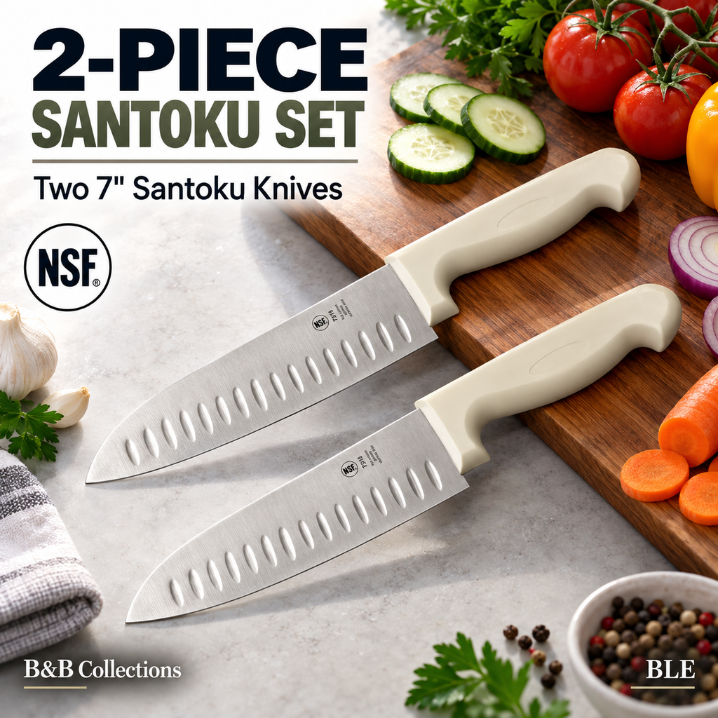 Russell International Santoku Kitchen Knives, 7 in Stainless Steel Blades, White Polypropylene Handles, 2-Pack