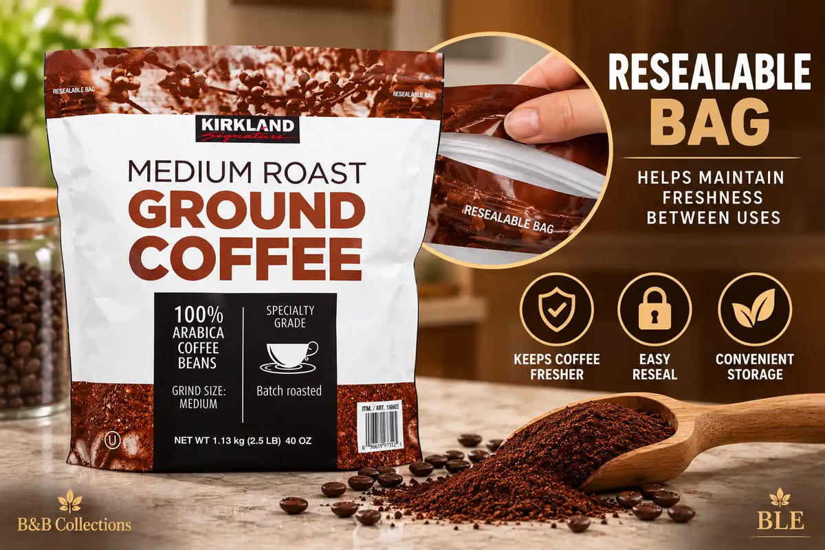 Kirkland Signature Medium Roast Ground Coffee, 100% Arabica Beans, Specialty Grade, Medium Grind, Batch Roasted, 40 oz (2.5 lb), Resealable Bag