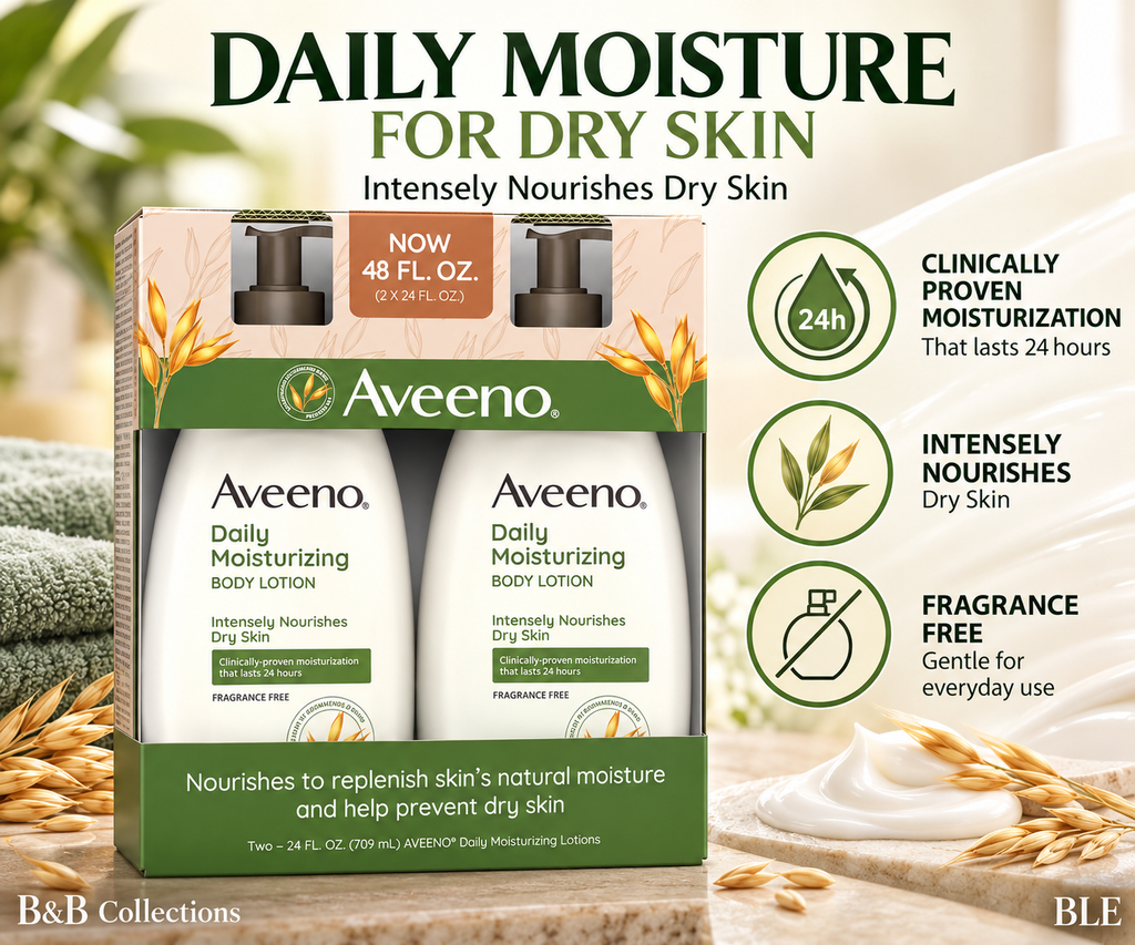Aveeno Daily Moisturizing Body Lotion, Fragrance Free, 24 fl oz Each, 2 Pack, 48 fl oz Total
