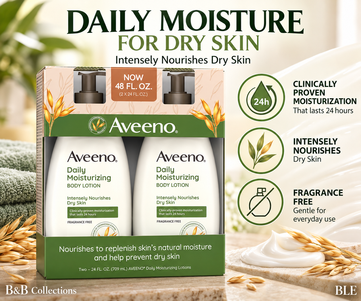 Aveeno Daily Moisturizing Body Lotion, Fragrance Free, 24 fl oz Each, 2 Pack, 48 fl oz Total