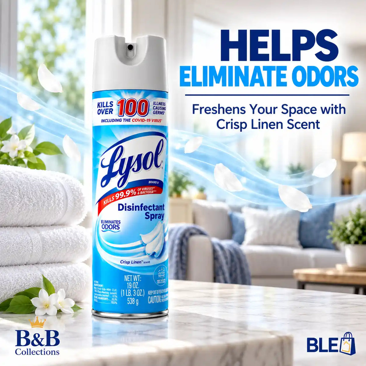 Lysol Disinfectant Spray, Crisp Linen Scent, Eliminates Odors, 19 oz (538 g)