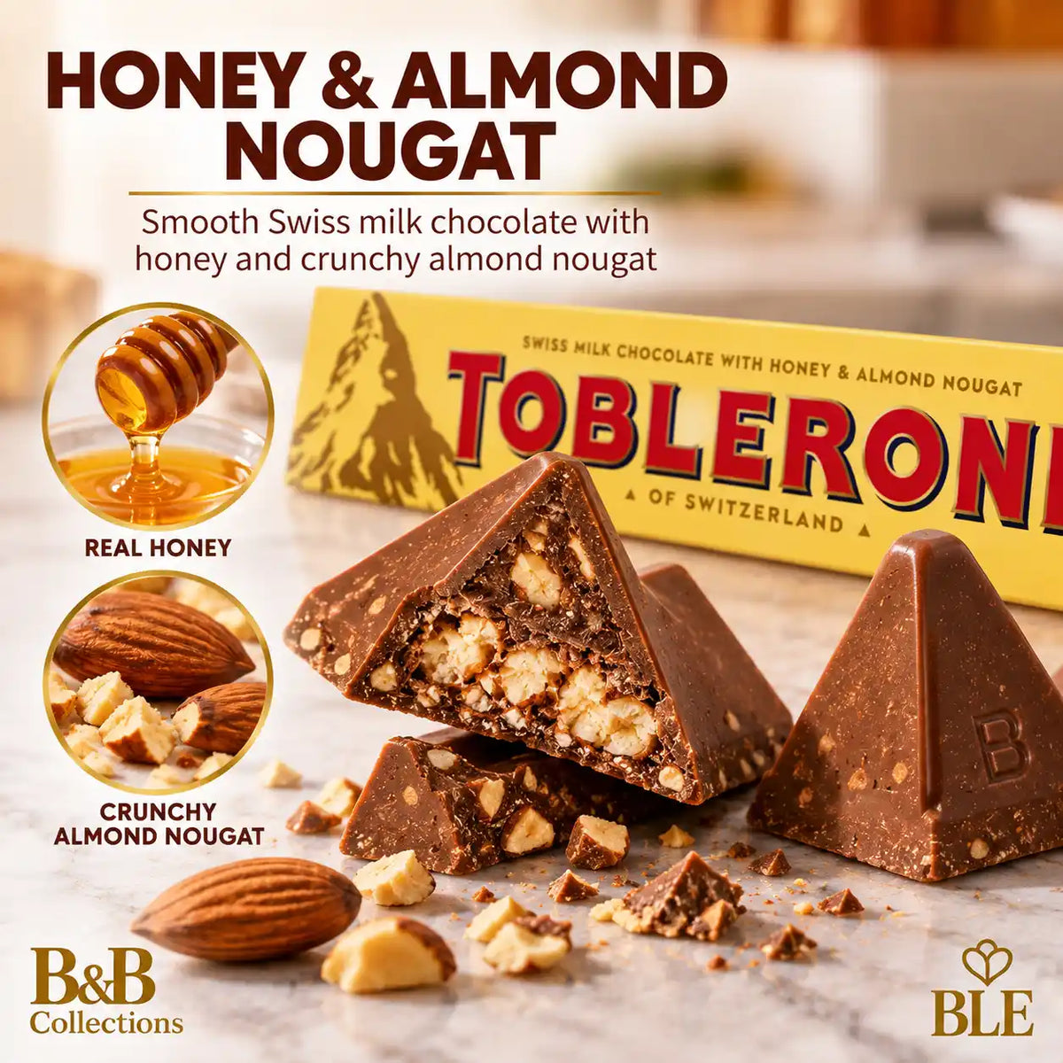 Toblerone Swiss Milk Chocolate with Honey & Almond Nougat, Triangle Chocolate Bars, 6-Pack