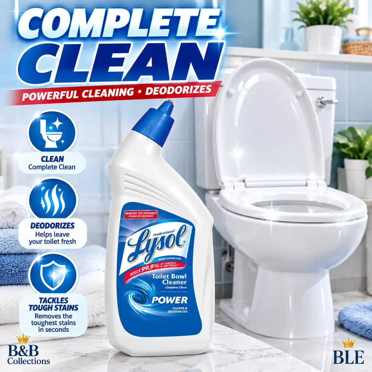 Professional Lysol Power Toilet Bowl Cleaner, Complete Clean, Cleans & Deodorizes, Kills 99.9% of Viruses & Bacteria