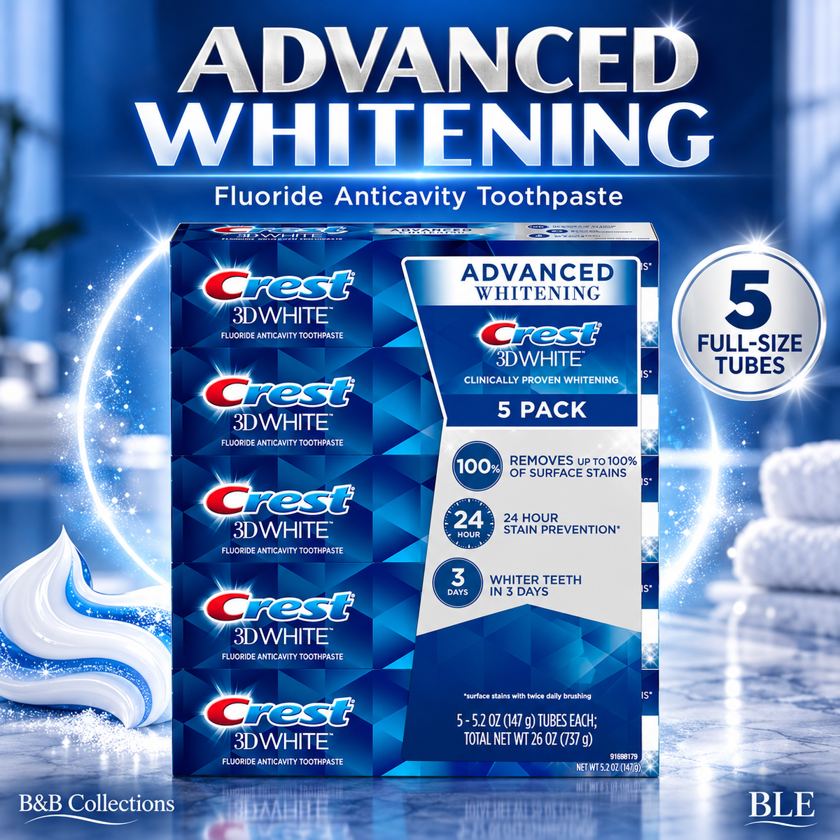 Crest 3D White Advanced Whitening Fluoride Anticavity Toothpaste, 5.2 oz Tubes, 5 Pack, 26 oz Total
