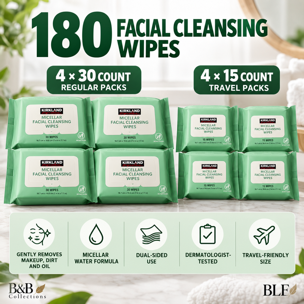Kirkland Signature Micellar Facial Cleansing Wipes, 180 Count, 4 Regular Packs (30 Wipes Each) + 4 Travel Packs (15 Wipes Each), Makeup Remover, Resealable, Dual-Sided