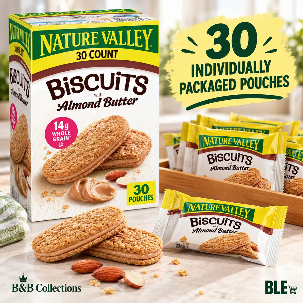 Nature Valley Biscuits with Almond Butter, Whole Grain Sandwich Biscuits, 14g Whole Grain, Individually Wrapped Snack Pouches, 30 Count