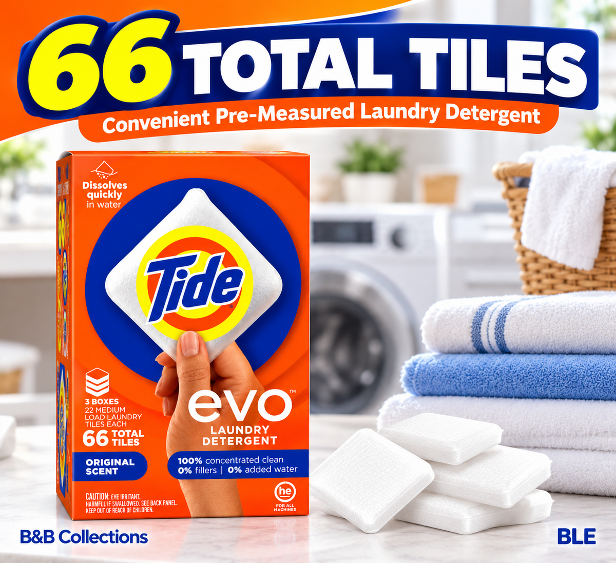 Tide evo Laundry Detergent Tiles, Original Scent, 66 Total Tiles, 3 Boxes, Concentrated Pre-Measured Laundry Detergent