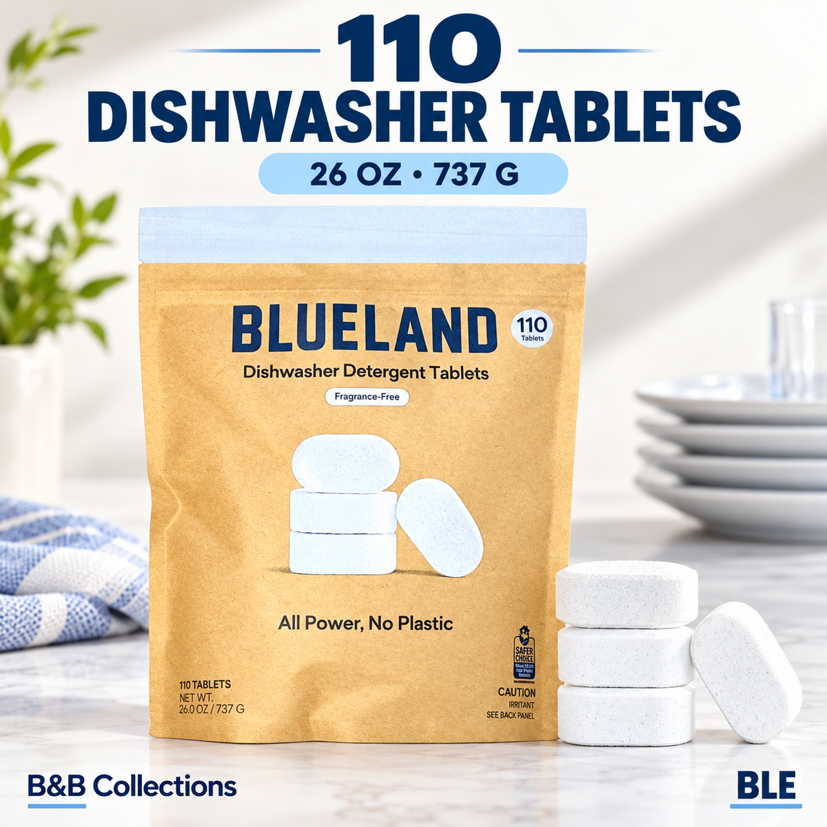 Blueland Dishwasher Detergent Tablets, Fragrance-Free, Plastic-Free, 110 Count, 26 oz